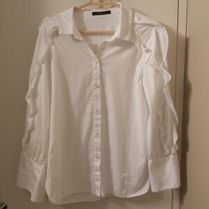 BCBGMaxAzria white button up longsleeve with ruffles, size large (L)